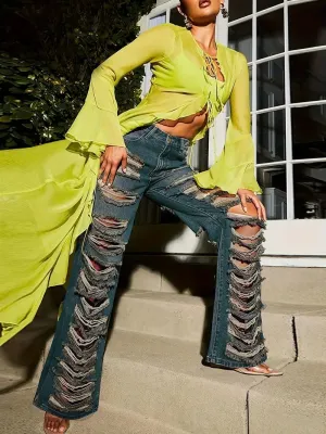 CM-BT089898 Women Casual Seoul Style Ripped Distressed Frayed Edges Long Denim Pants