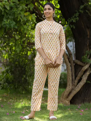 Cotton Ethnic Printed White Night Suit