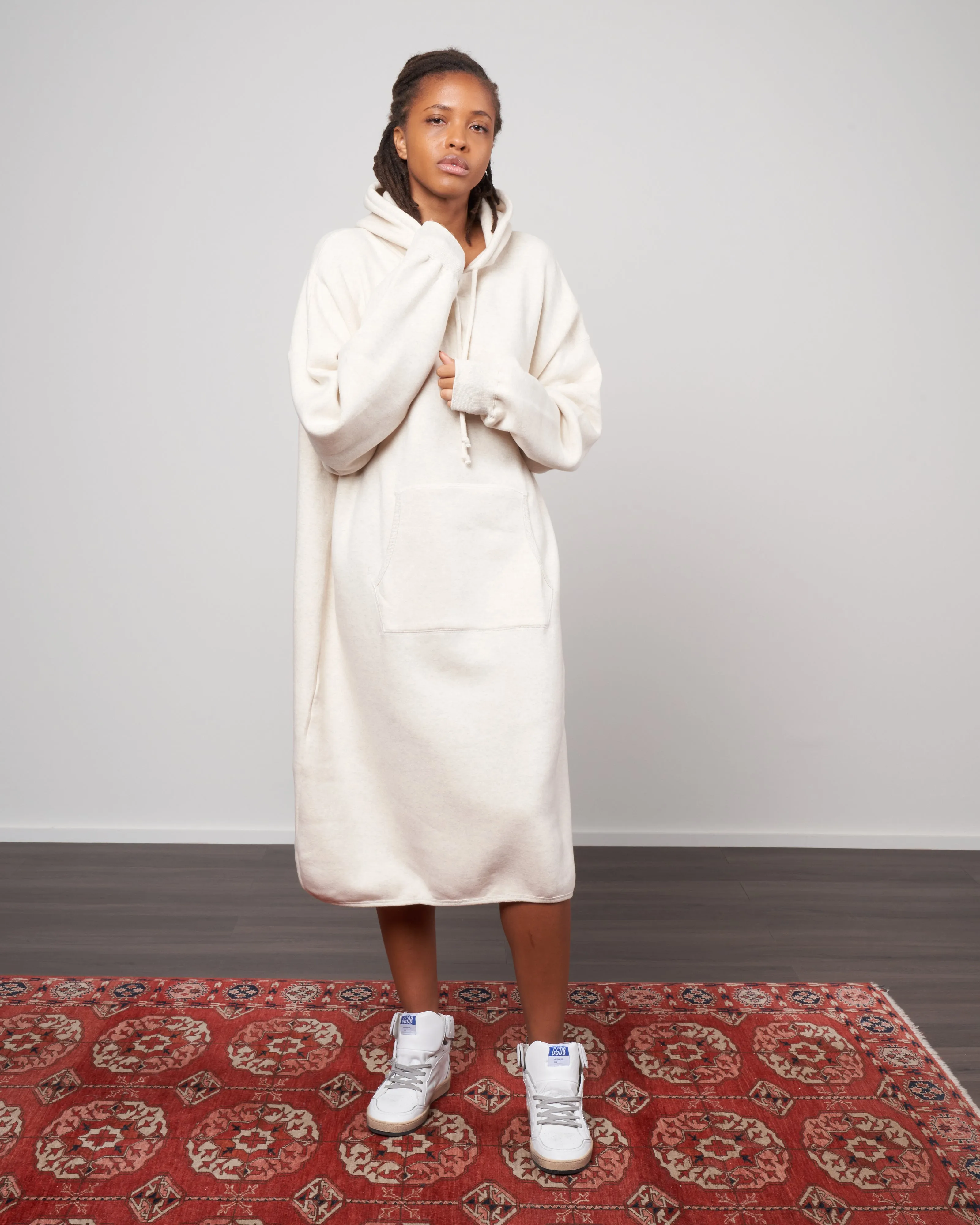 cotton tencel brushed fleece, hooded dress - oat