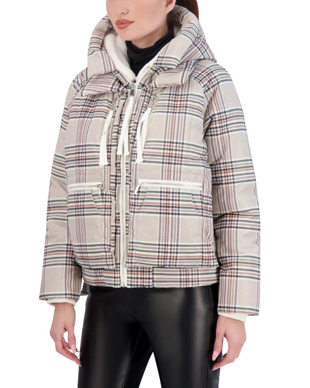 Cropped Plaid Utility Puffer
