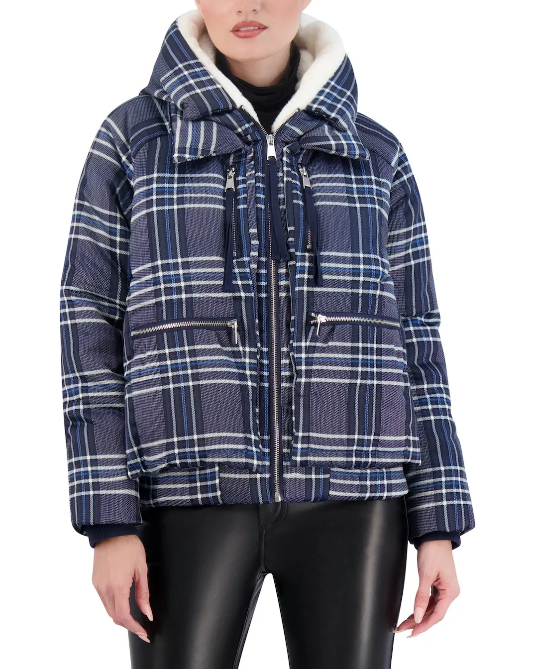 Cropped Plaid Utility Puffer
