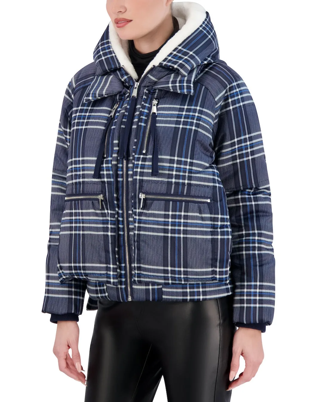 Cropped Plaid Utility Puffer