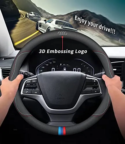 Custom-Fit for Audi Steering Wheel Cover, Premium Leather Car Steering Wheel Cover with Logo, Non-Slip, Breathable, Designed for Audi Accessories (C-Style,for Audi)
