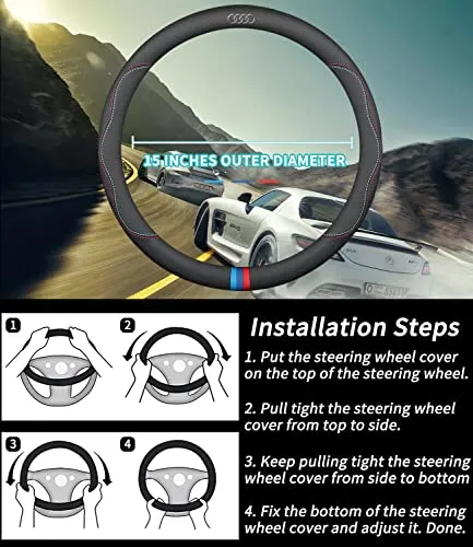 Custom-Fit for Audi Steering Wheel Cover, Premium Leather Car Steering Wheel Cover with Logo, Non-Slip, Breathable, Designed for Audi Accessories (C-Style,for Audi)