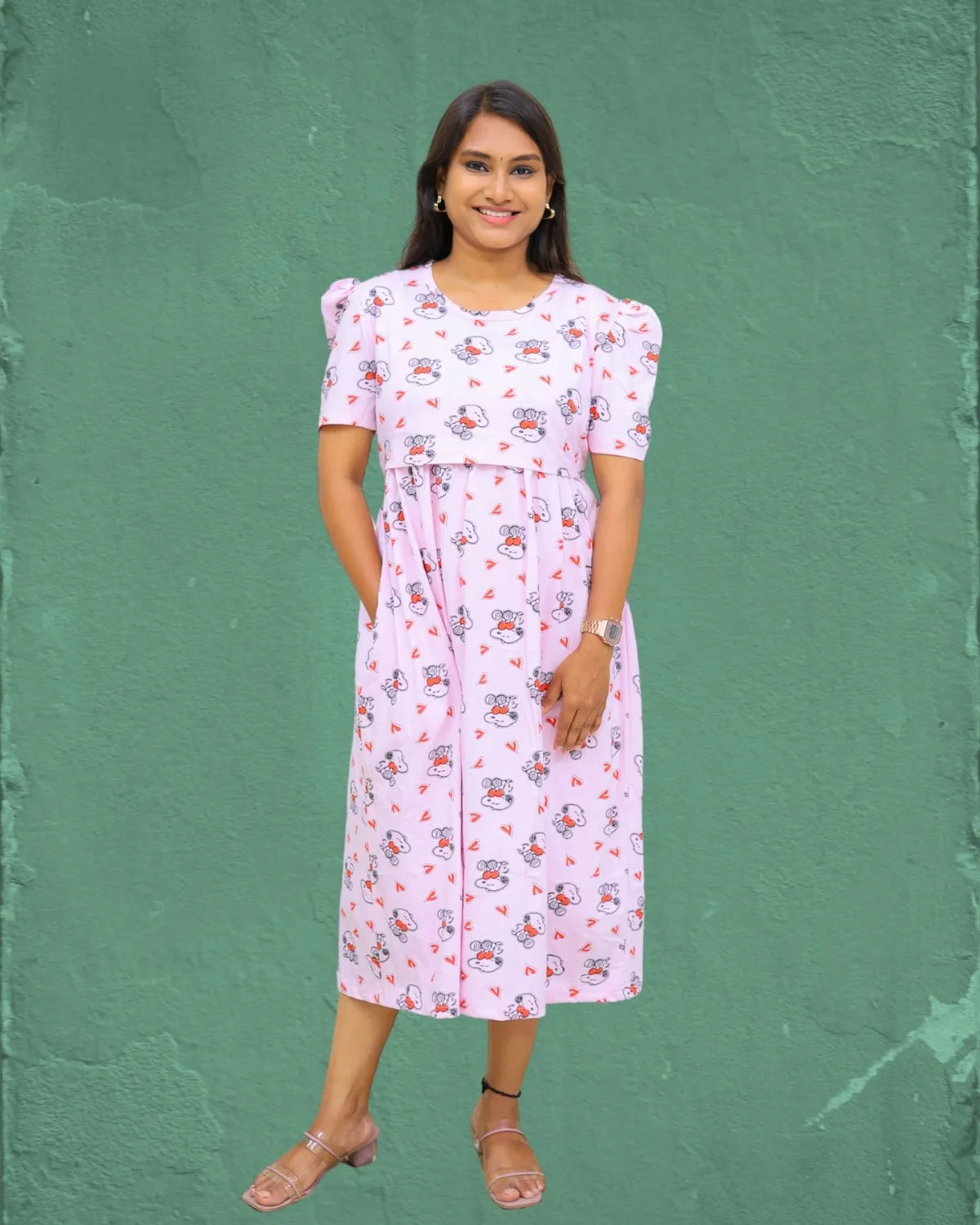 Darling | Zipless Maternity Dress - Puff Sleeves | Calf Length
