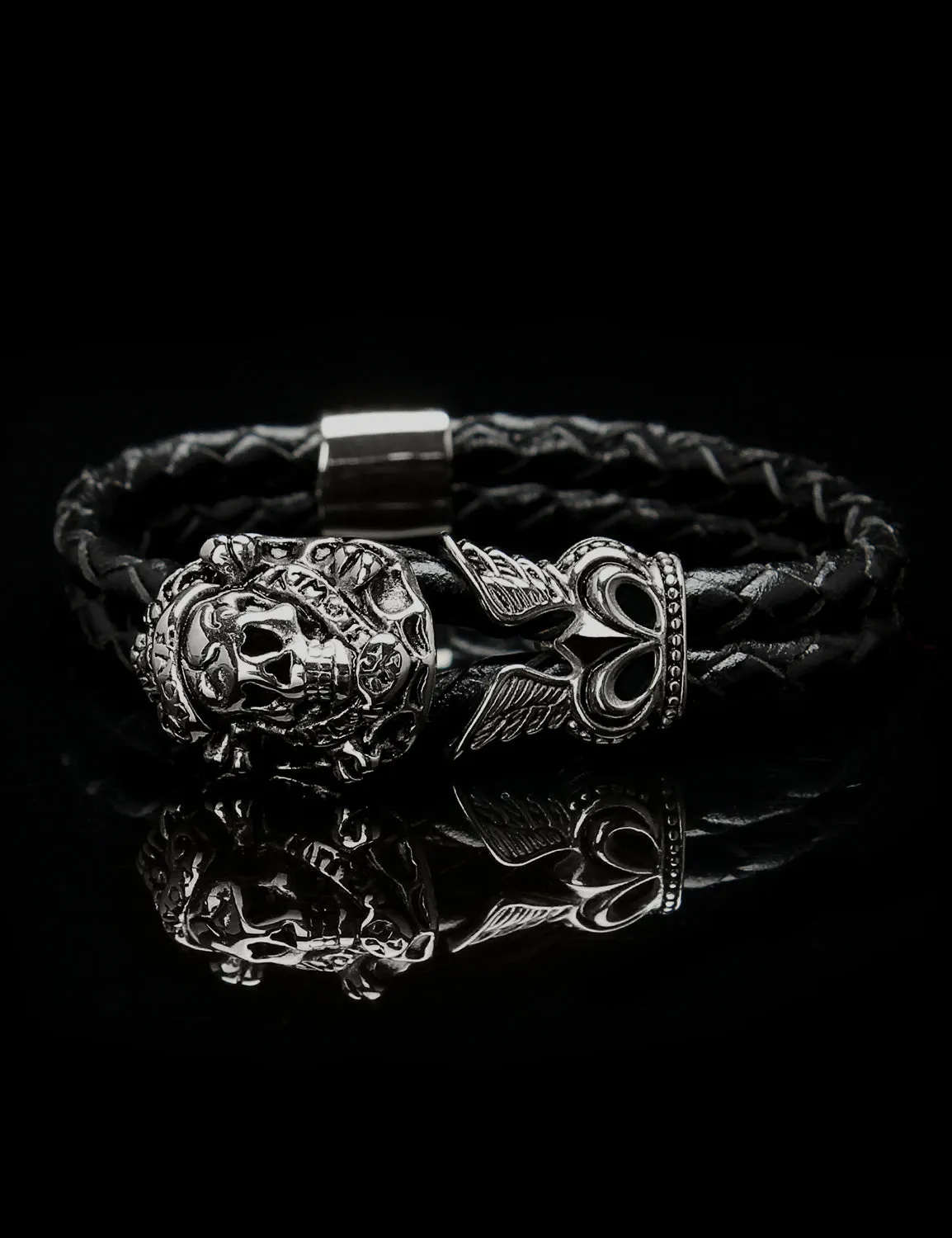 Demon&Hunter Men's Leather Braided Stainless Steel Bracelet