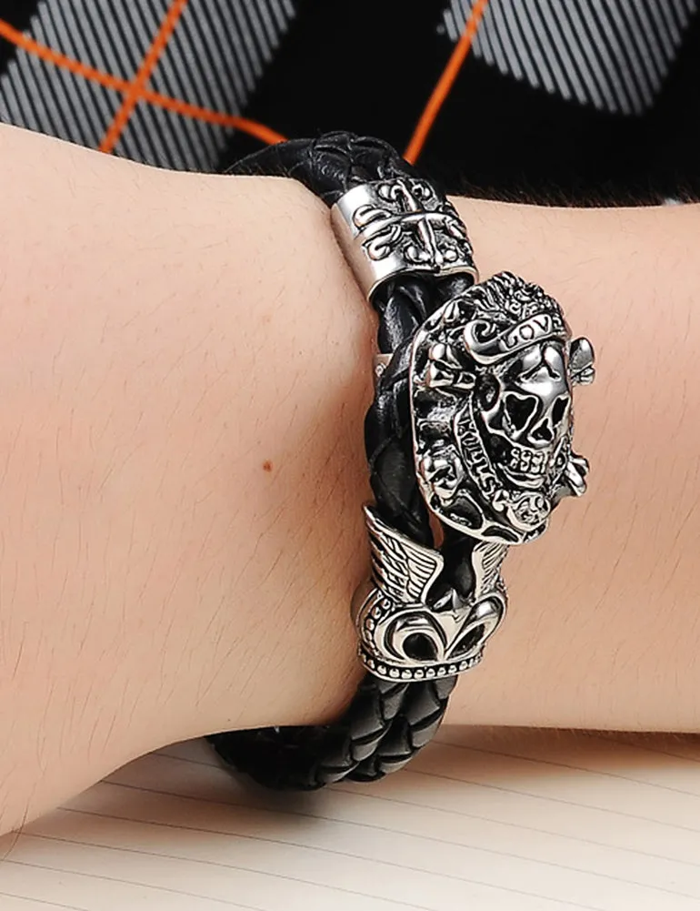 Demon&Hunter Men's Leather Braided Stainless Steel Bracelet