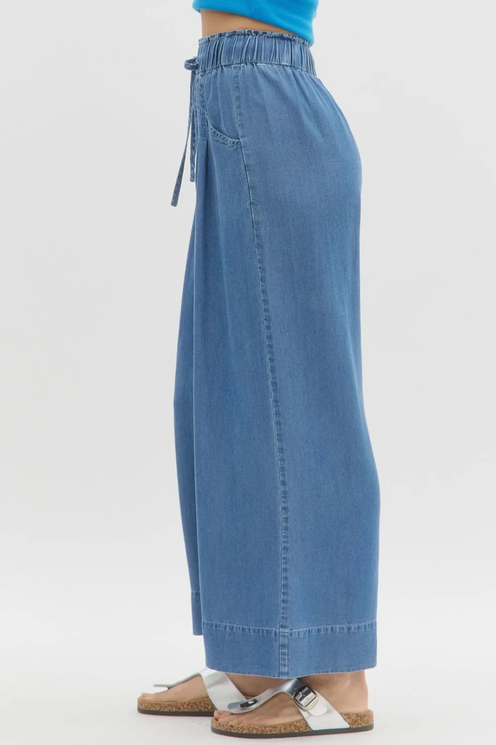 Denim High-Waist Pintuck Wide Leg Pants
