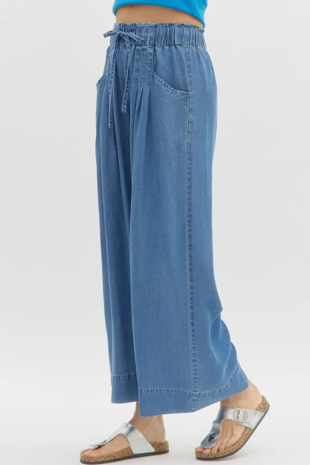 Denim High-Waist Pintuck Wide Leg Pants