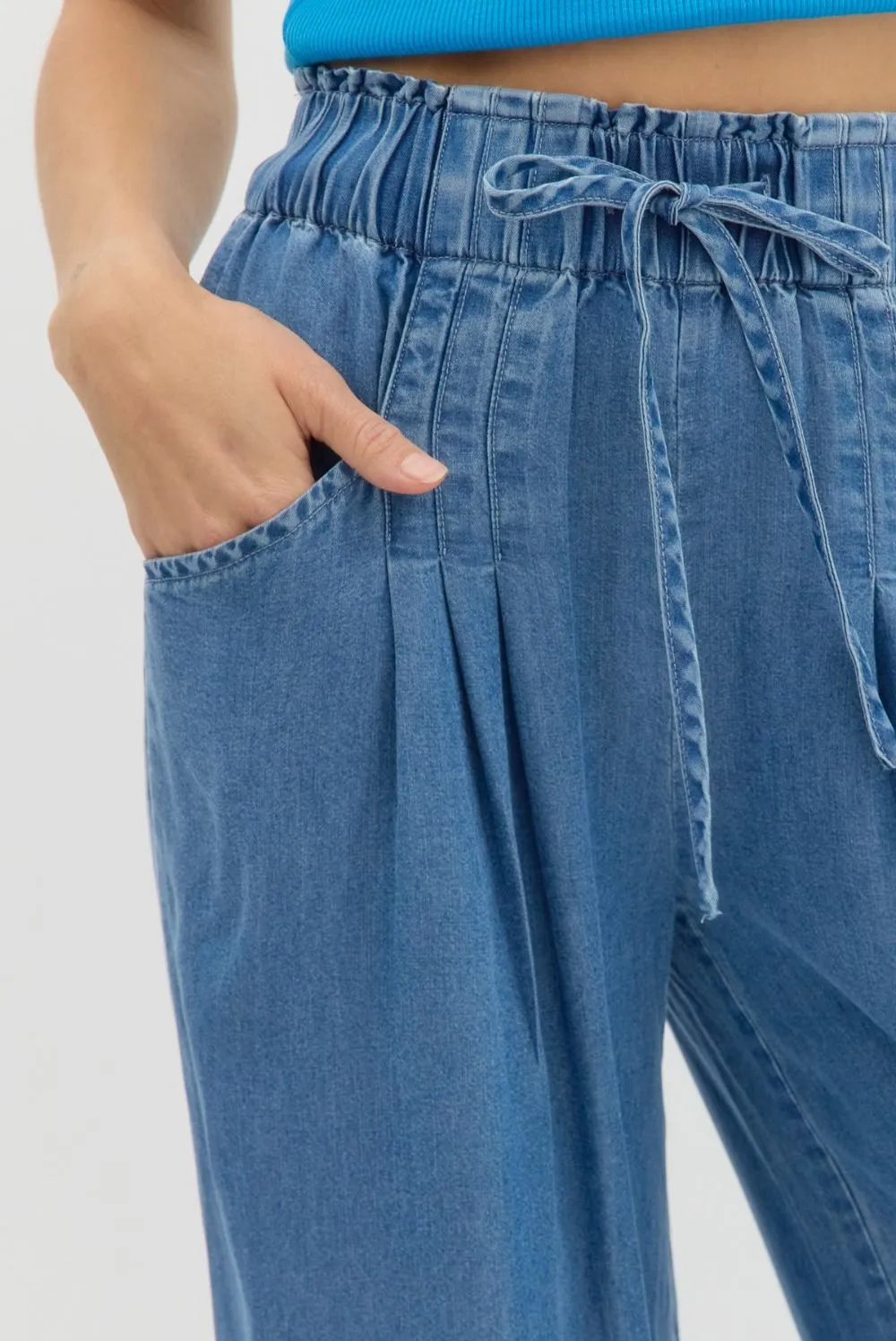Denim High-Waist Pintuck Wide Leg Pants