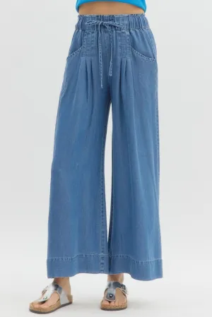Denim High-Waist Pintuck Wide Leg Pants