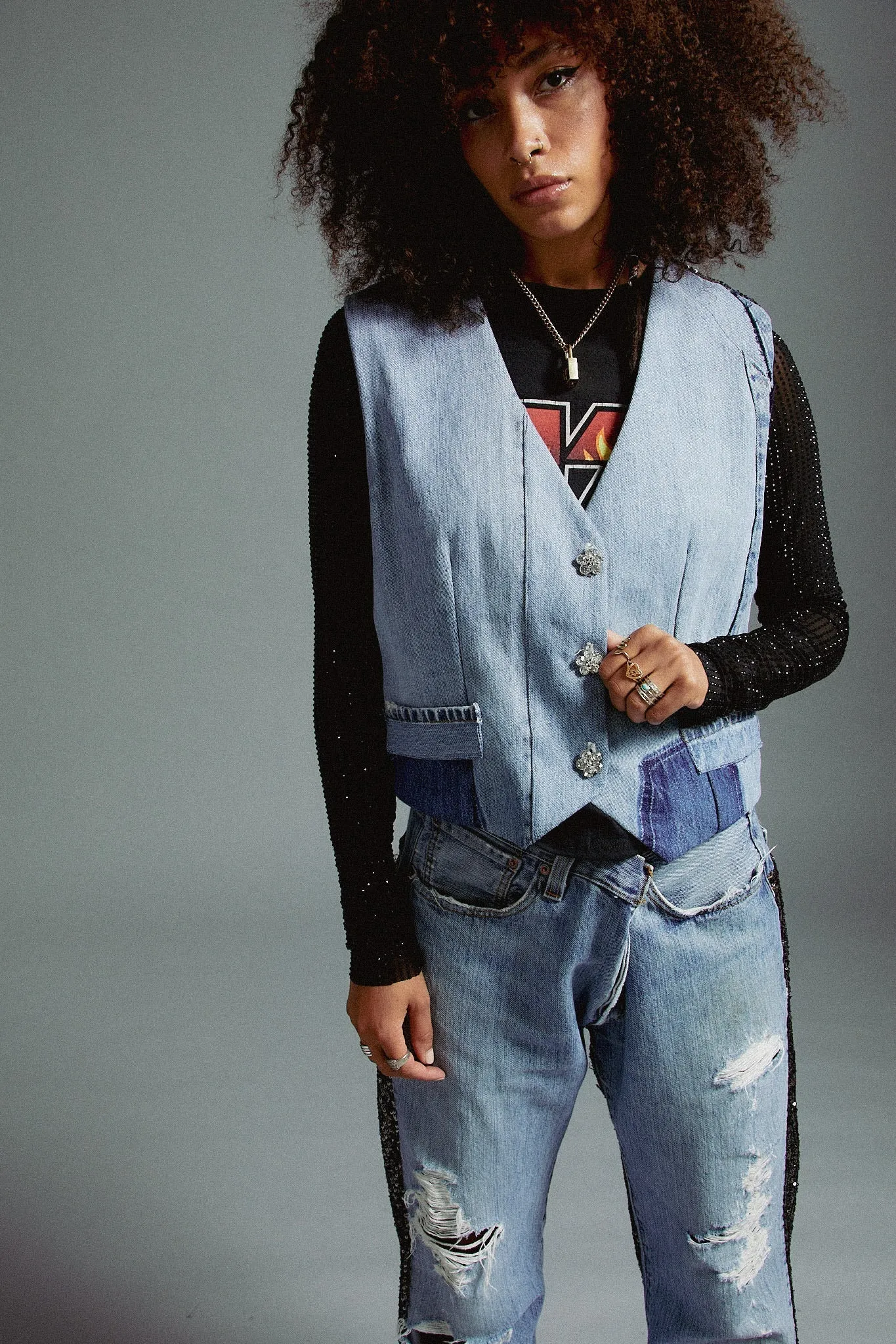 Denim Vest with Charcoal Sequin