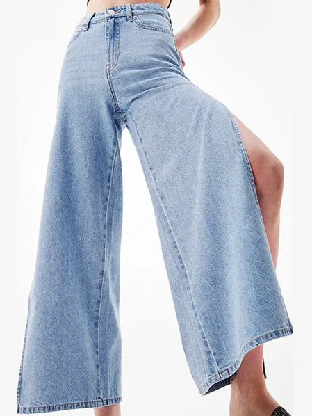 Eight-point High Waist Double-sided Split Wide-leg Jeans