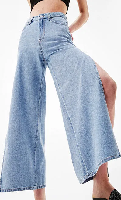 Eight-point High Waist Double-sided Split Wide-leg Jeans