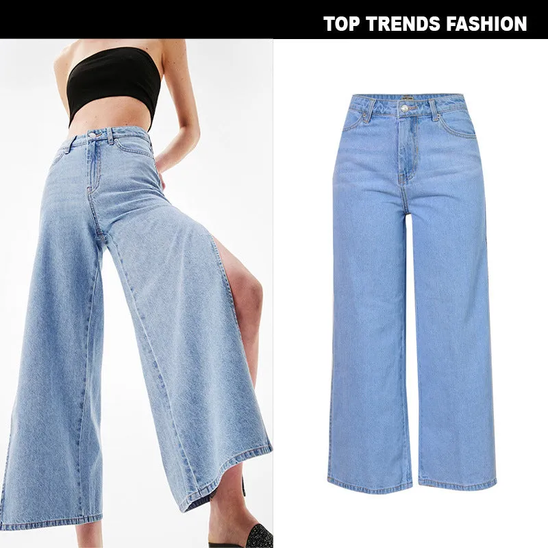 Eight-point High Waist Double-sided Split Wide-leg Jeans