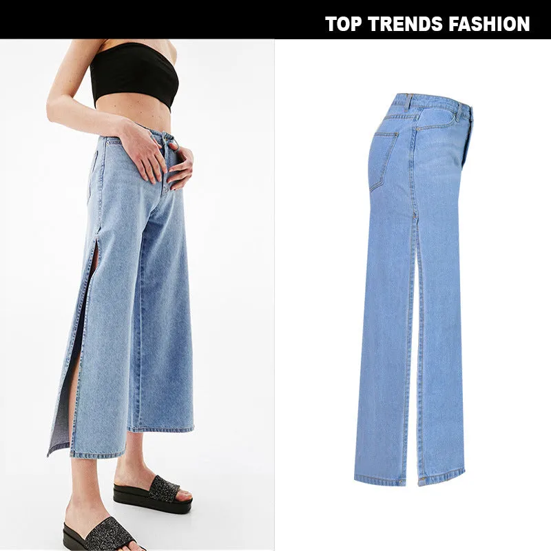 Eight-point High Waist Double-sided Split Wide-leg Jeans