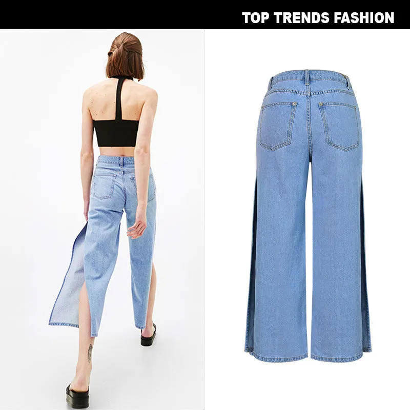 Eight-point High Waist Double-sided Split Wide-leg Jeans