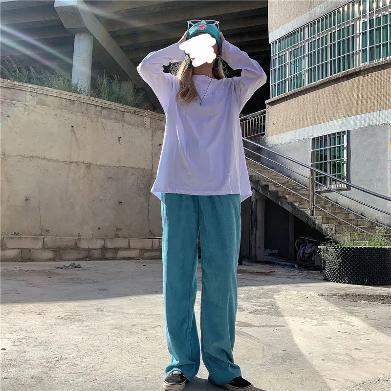 Elastic Waist Blue Corduroy Long Pants