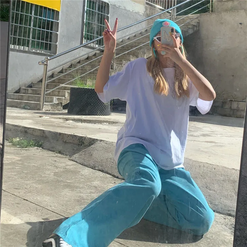 Elastic Waist Blue Corduroy Long Pants