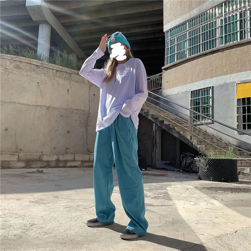 Elastic Waist Blue Corduroy Long Pants