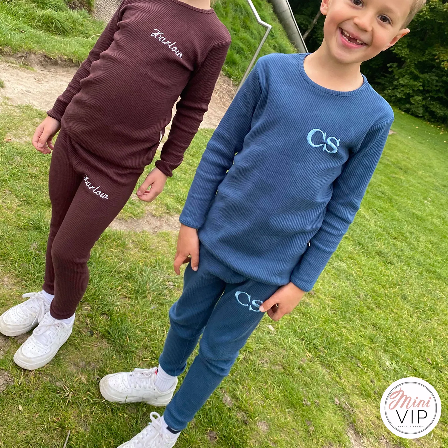 Embroidered Blue Ribbed Loungewear