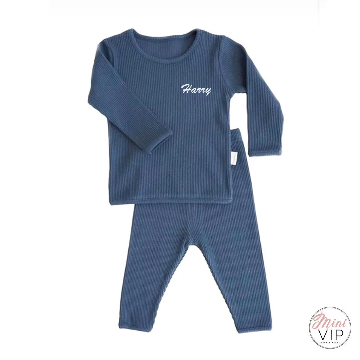 Embroidered Blue Ribbed Loungewear