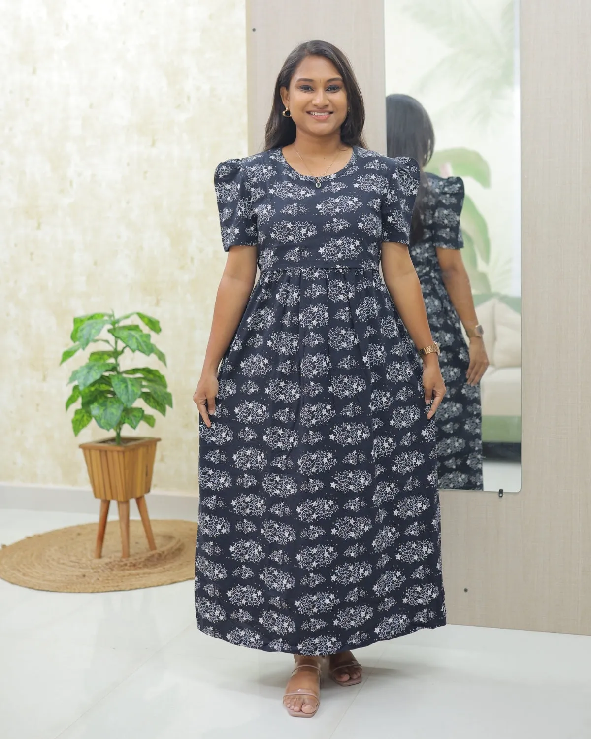 Feba | Zipless Maternity Dress - Puff Sleeves | Full Length Maxi