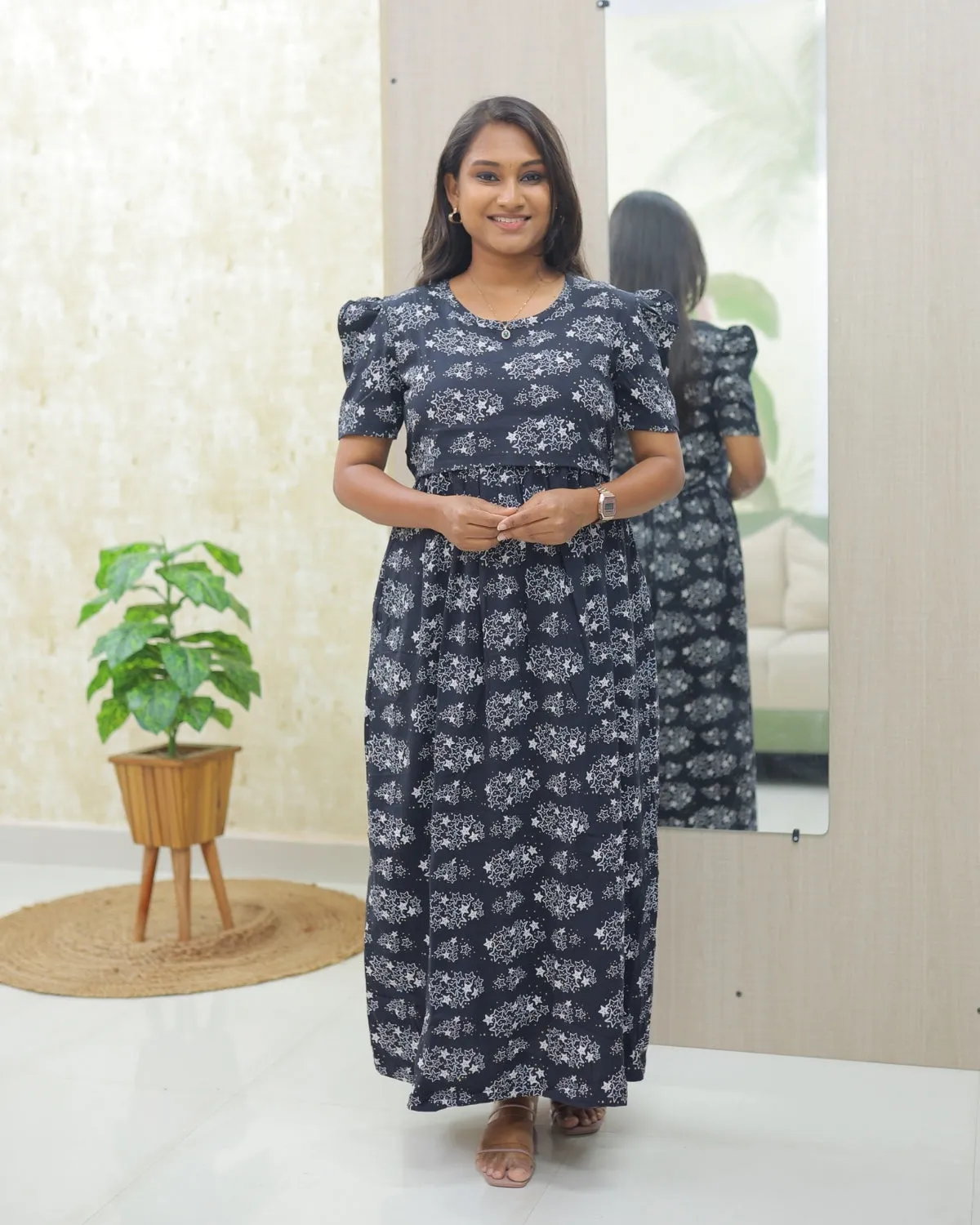 Feba | Zipless Maternity Dress - Puff Sleeves | Full Length Maxi