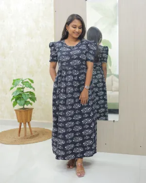 Feba | Zipless Maternity Dress - Puff Sleeves | Full Length Maxi