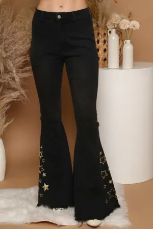 Flare Denim Pants with Studded and Embroidered Stars