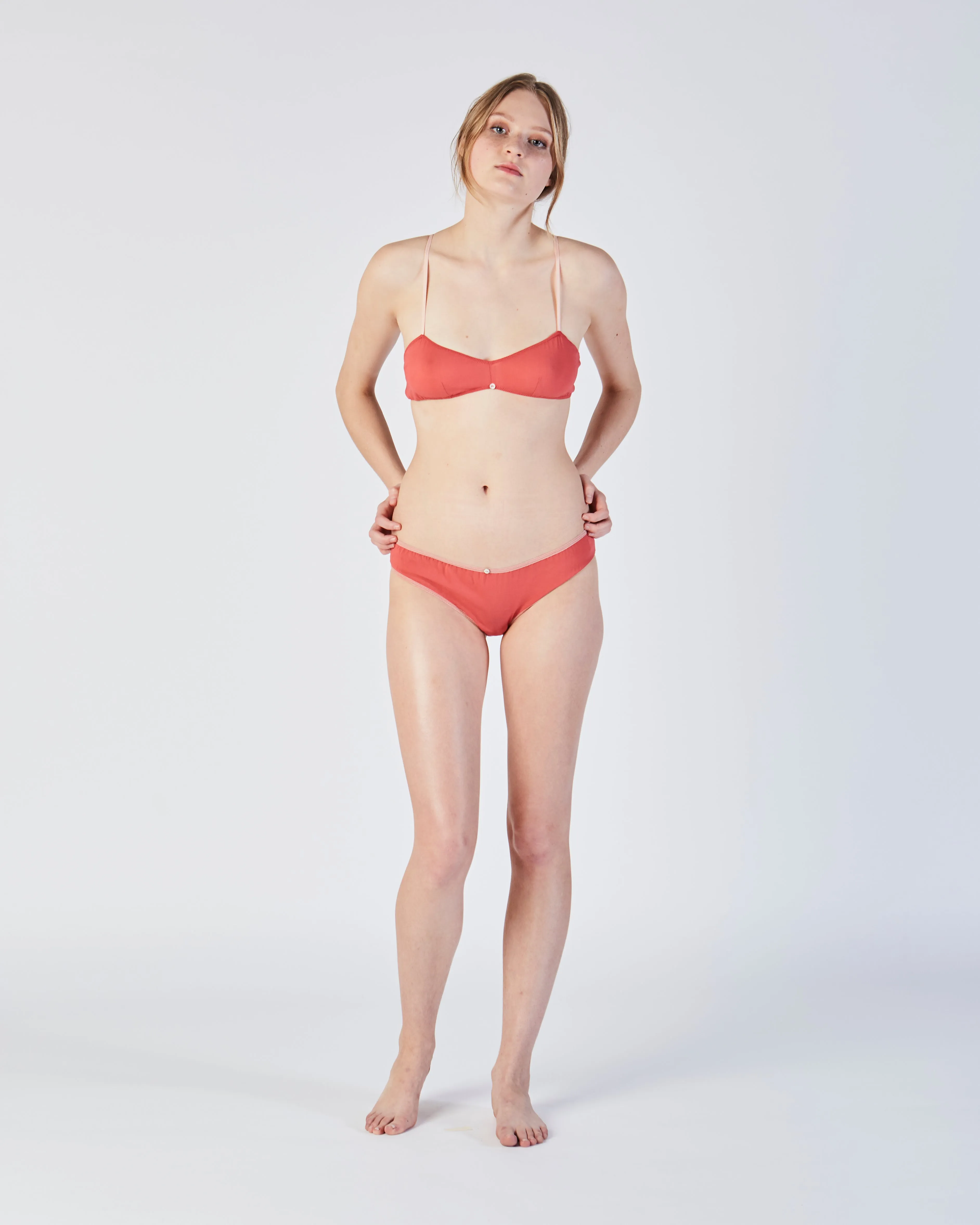 Flora stretch silk bikini brief in camelia