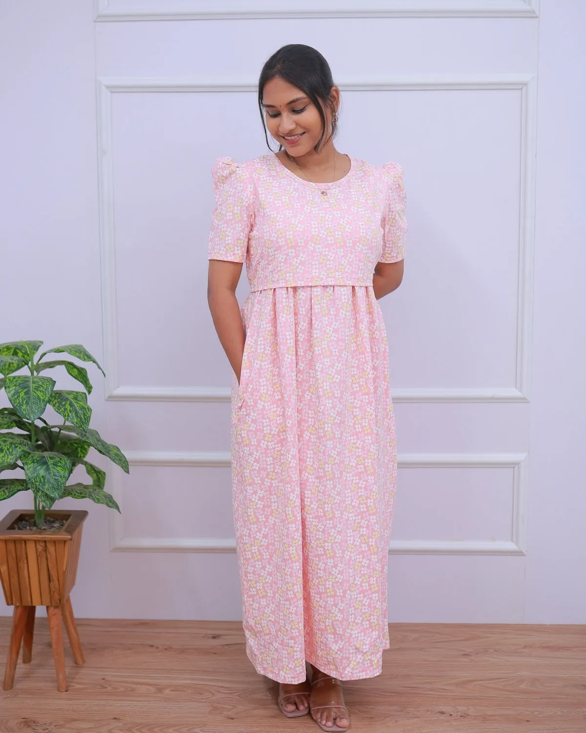 Florid | Zipless Maternity Dress - Puff Sleeves | Full Length Maxi