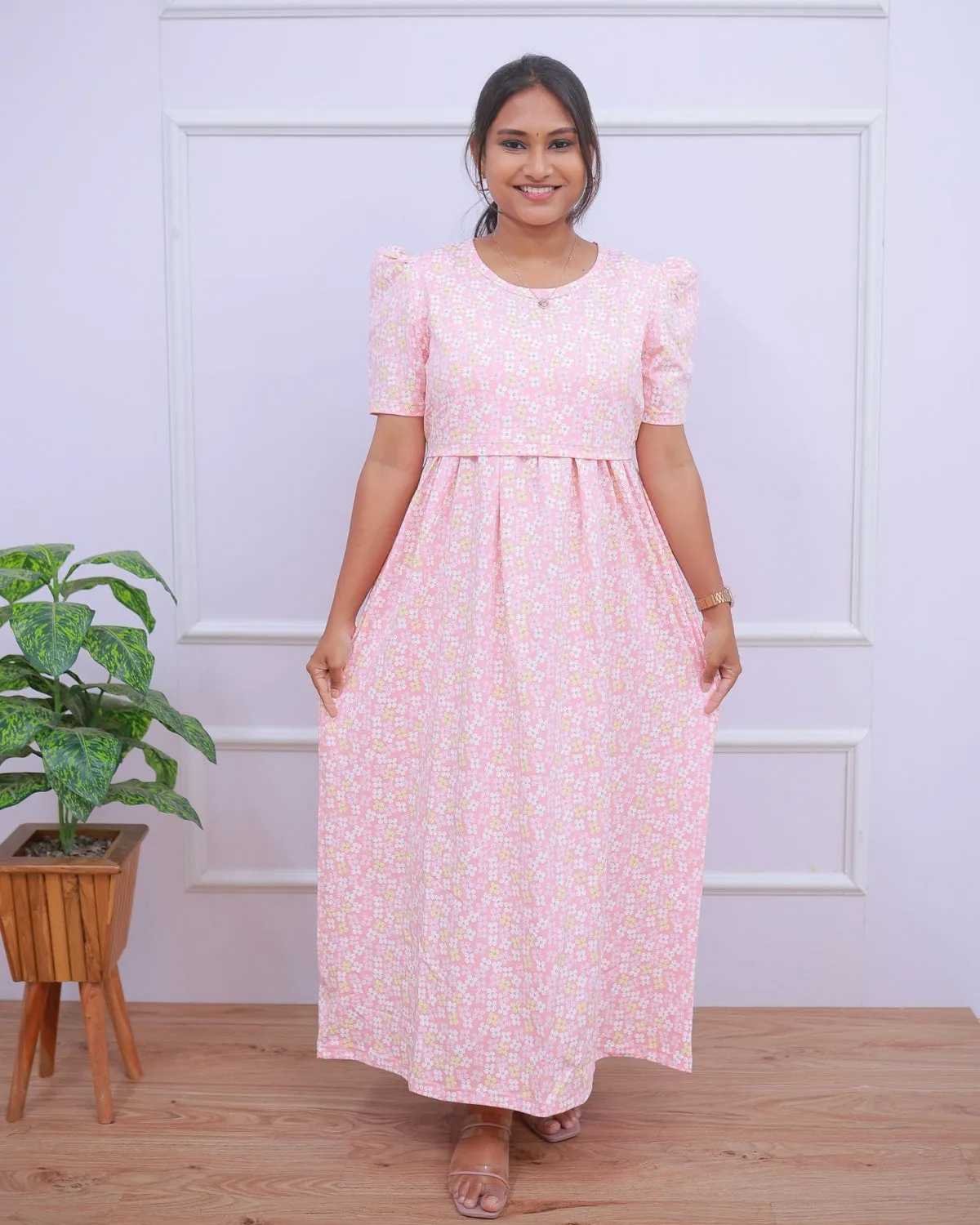 Florid | Zipless Maternity Dress - Puff Sleeves | Full Length Maxi