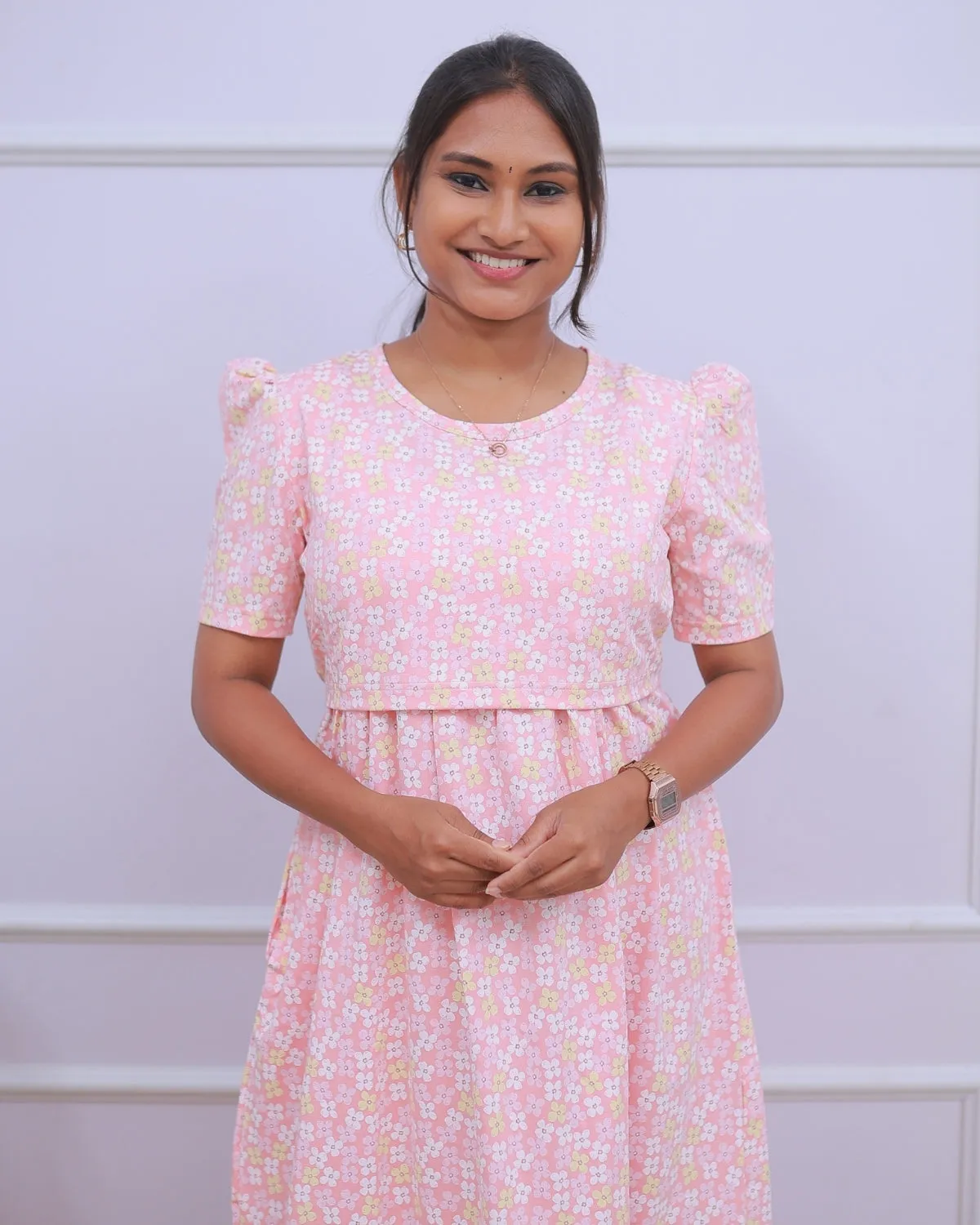 Florid | Zipless Maternity Dress - Puff Sleeves | Full Length Maxi