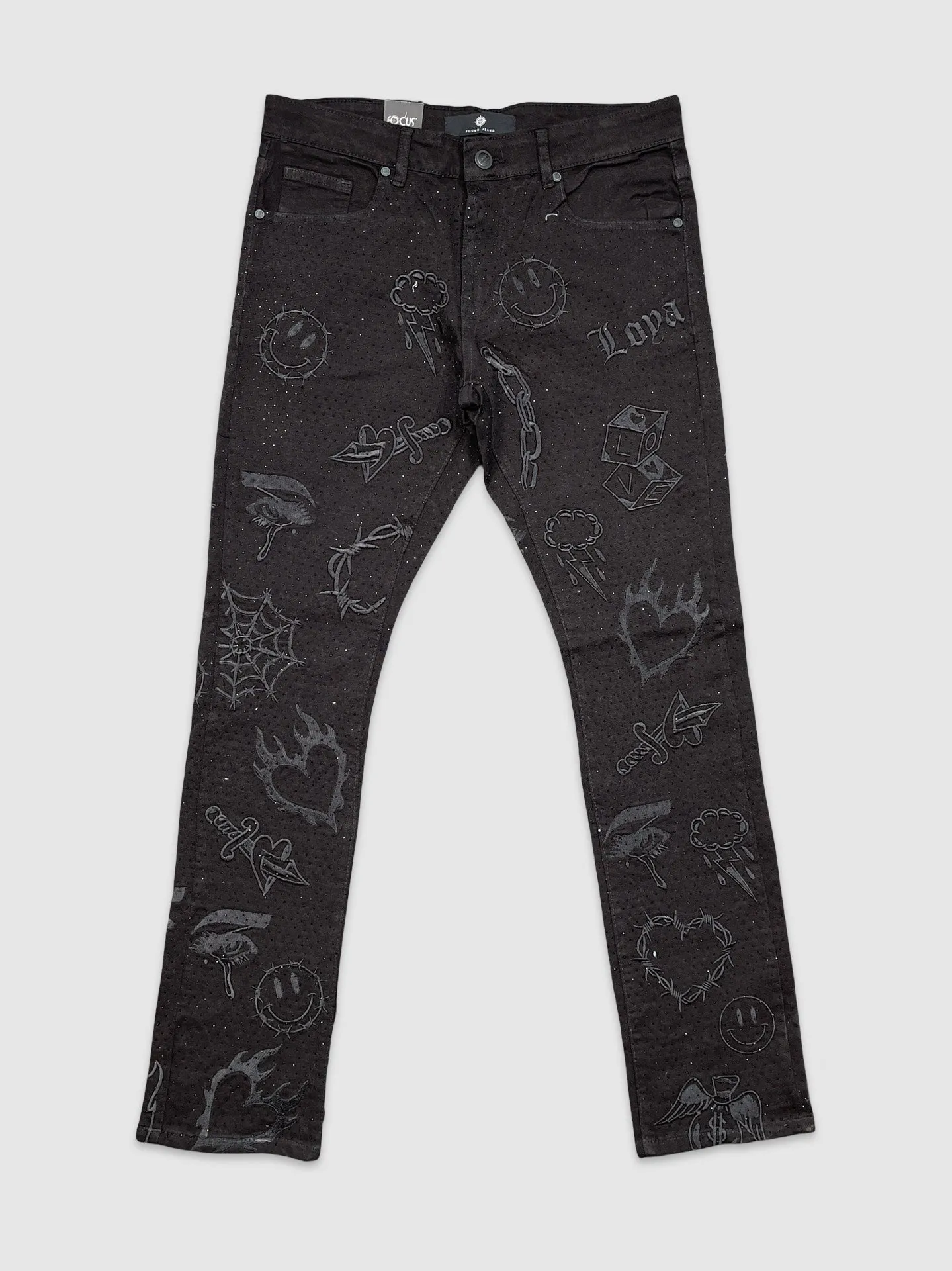 FOC-5277-All Over Emb Stone Denim Pants