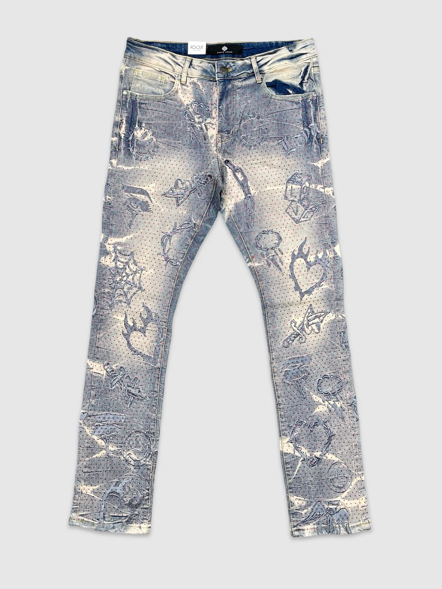 FOC-5277-All Over Emb Stone Denim Pants