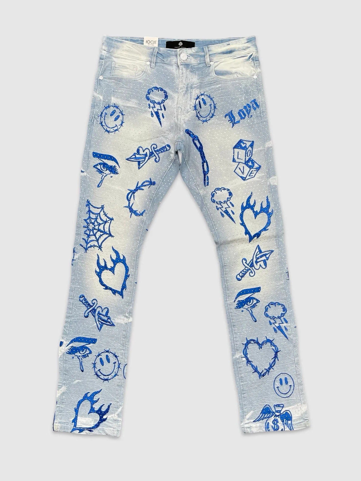 FOC-5277-All Over Emb Stone Denim Pants