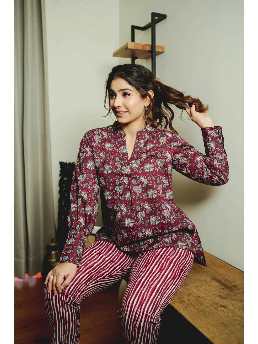 Front Pleated Wine Pure Cotton Loungewear