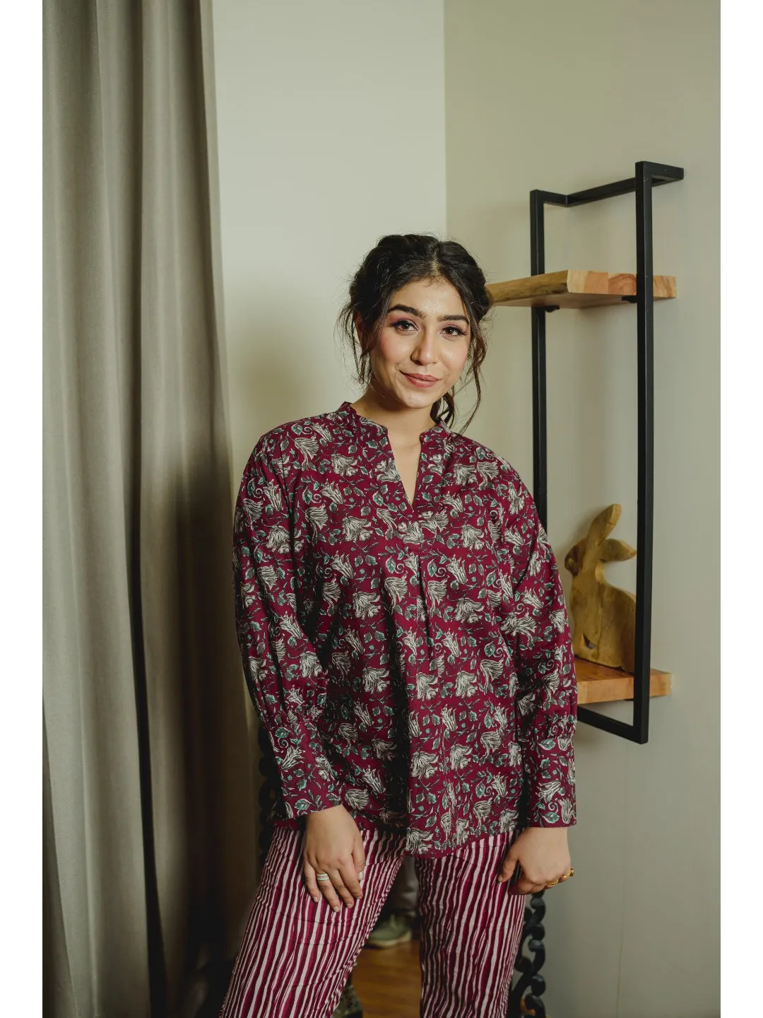 Front Pleated Wine Pure Cotton Loungewear
