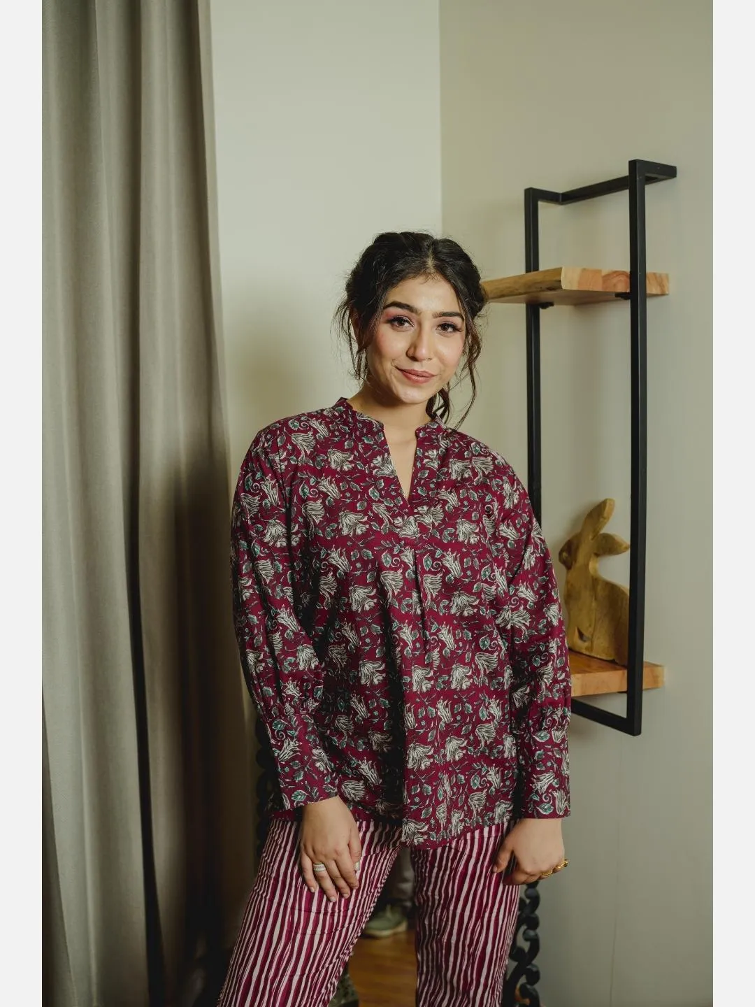 Front Pleated Wine Pure Cotton Loungewear