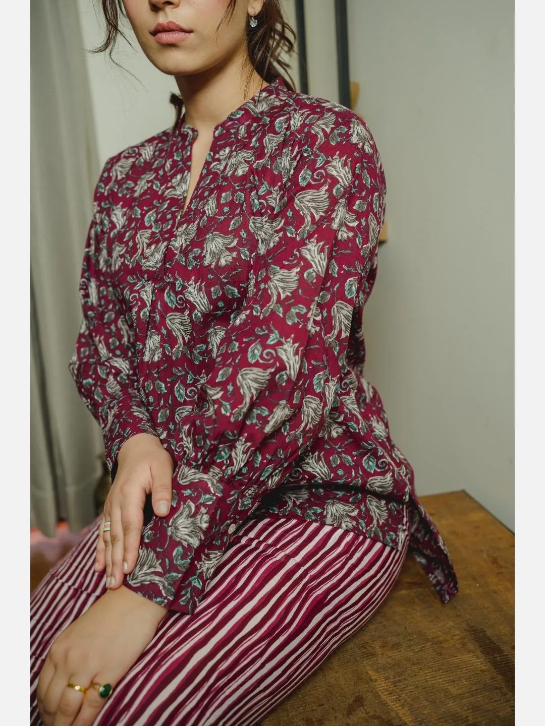 Front Pleated Wine Pure Cotton Loungewear