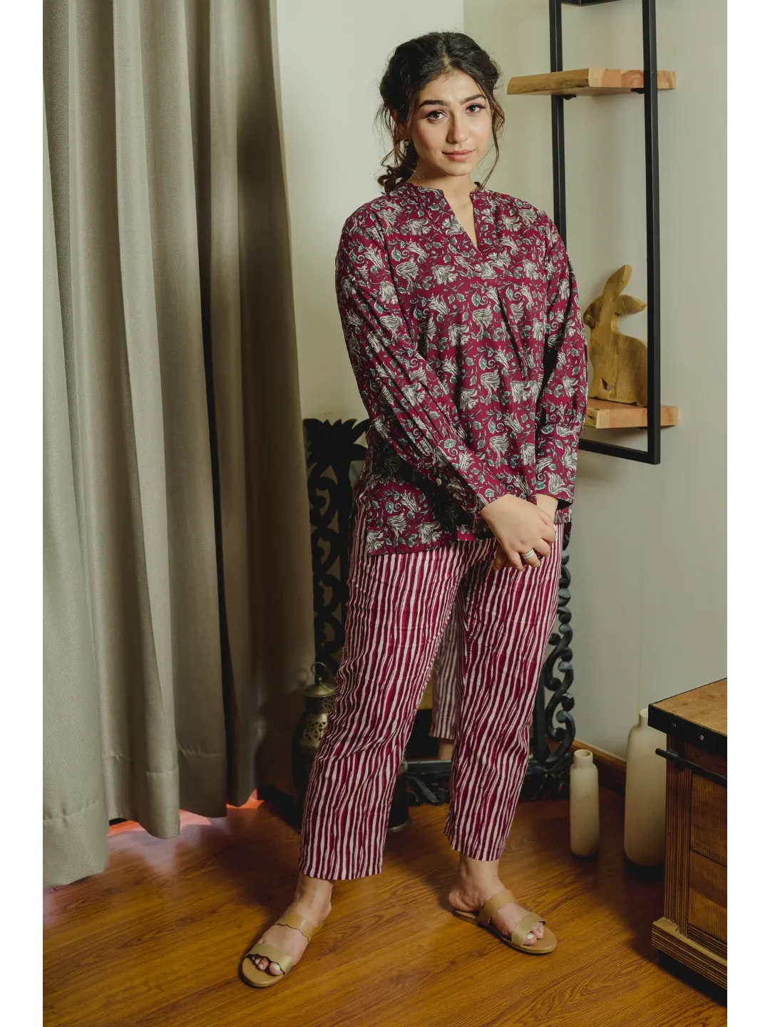 Front Pleated Wine Pure Cotton Loungewear