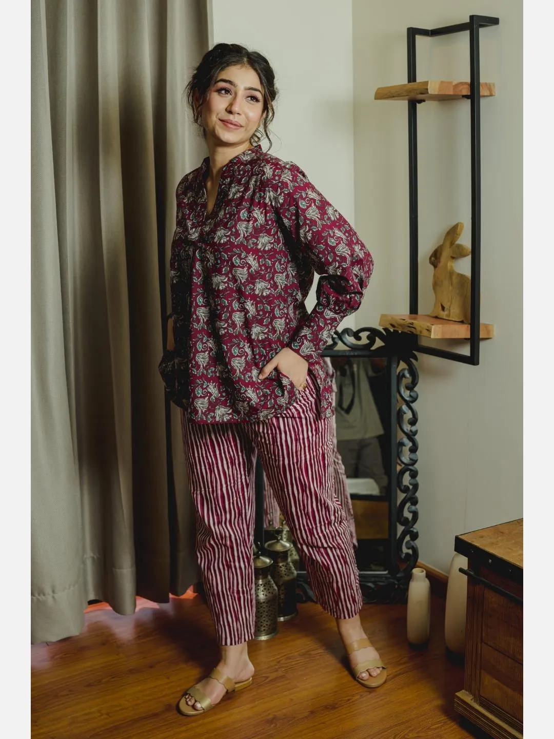 Front Pleated Wine Pure Cotton Loungewear