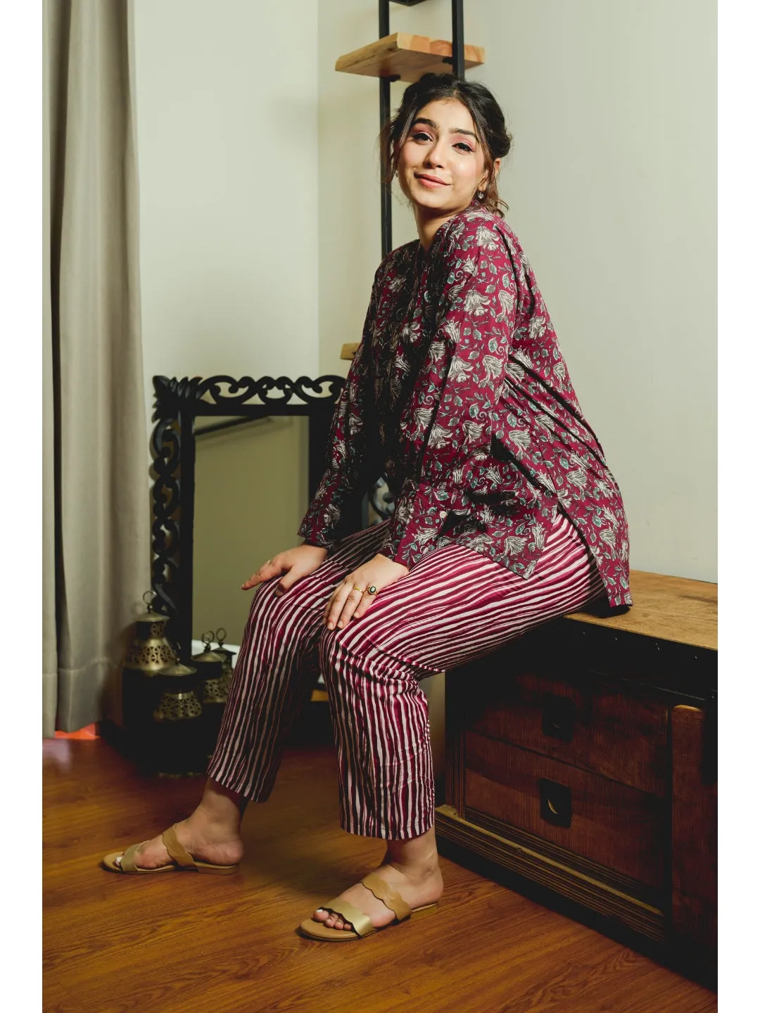 Front Pleated Wine Pure Cotton Loungewear