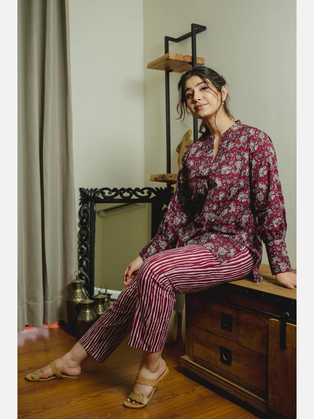 Front Pleated Wine Pure Cotton Loungewear