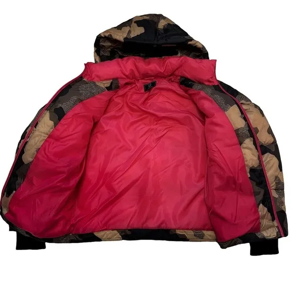 G by Giuliana Camo Puffer Jacket with Detachable Hood Size XXS Brown Pink NEW