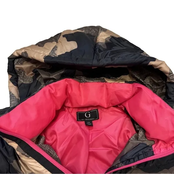 G by Giuliana Camo Puffer Jacket with Detachable Hood Size XXS Brown Pink NEW