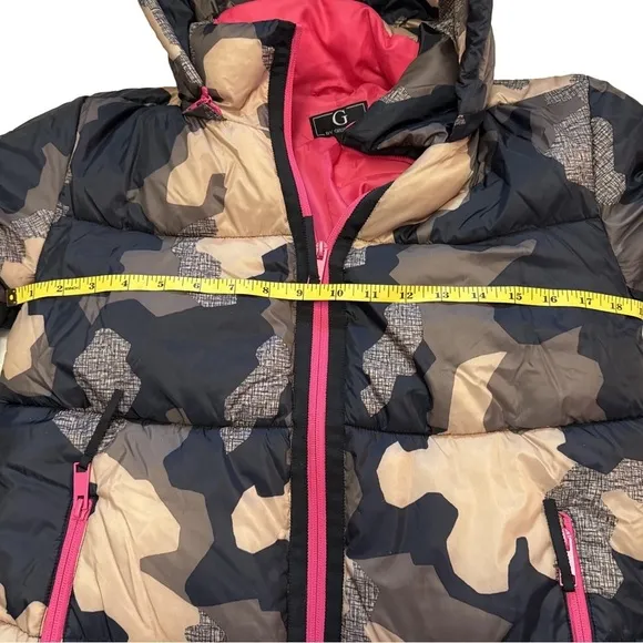 G by Giuliana Camo Puffer Jacket with Detachable Hood Size XXS Brown Pink NEW