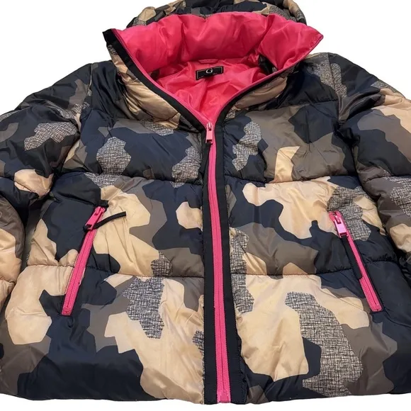 G by Giuliana Camo Puffer Jacket with Detachable Hood Size XXS Brown Pink NEW