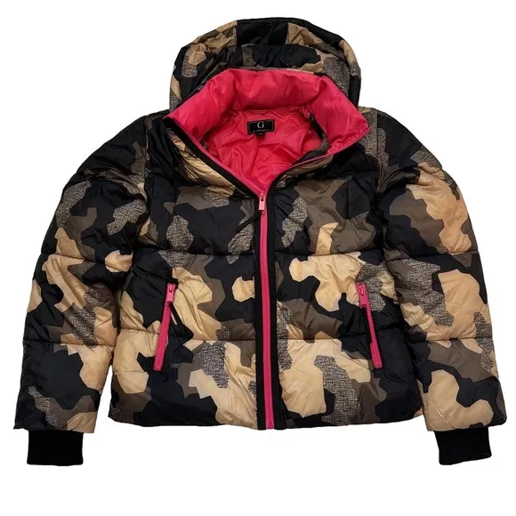 G by Giuliana Camo Puffer Jacket with Detachable Hood Size XXS Brown Pink NEW